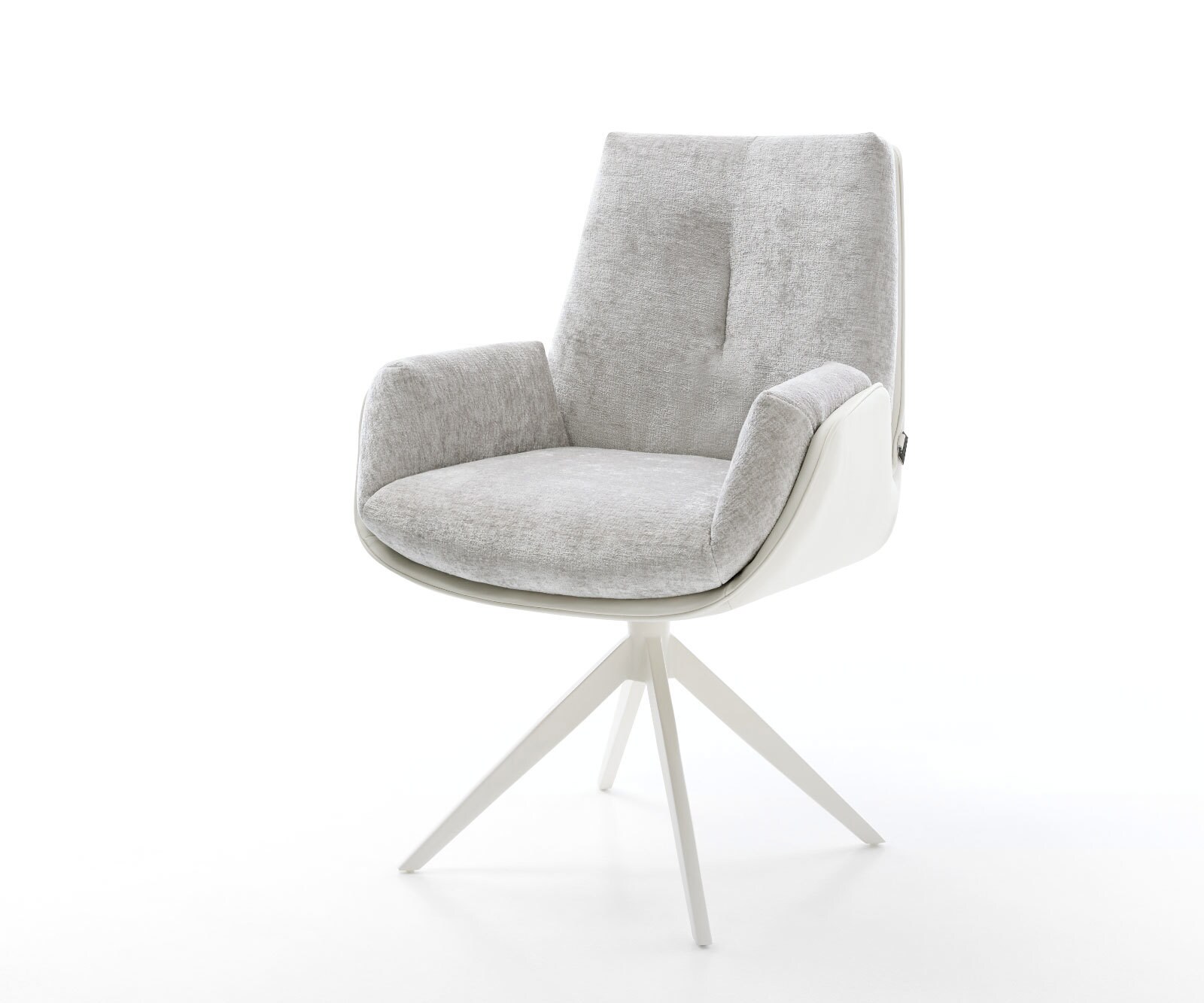 Chaise-pivotante Clea-Flex tissu mixte cuir de vache blanc-gris argenté pied croisé large blanc pivotement sur 360° fonction bascule