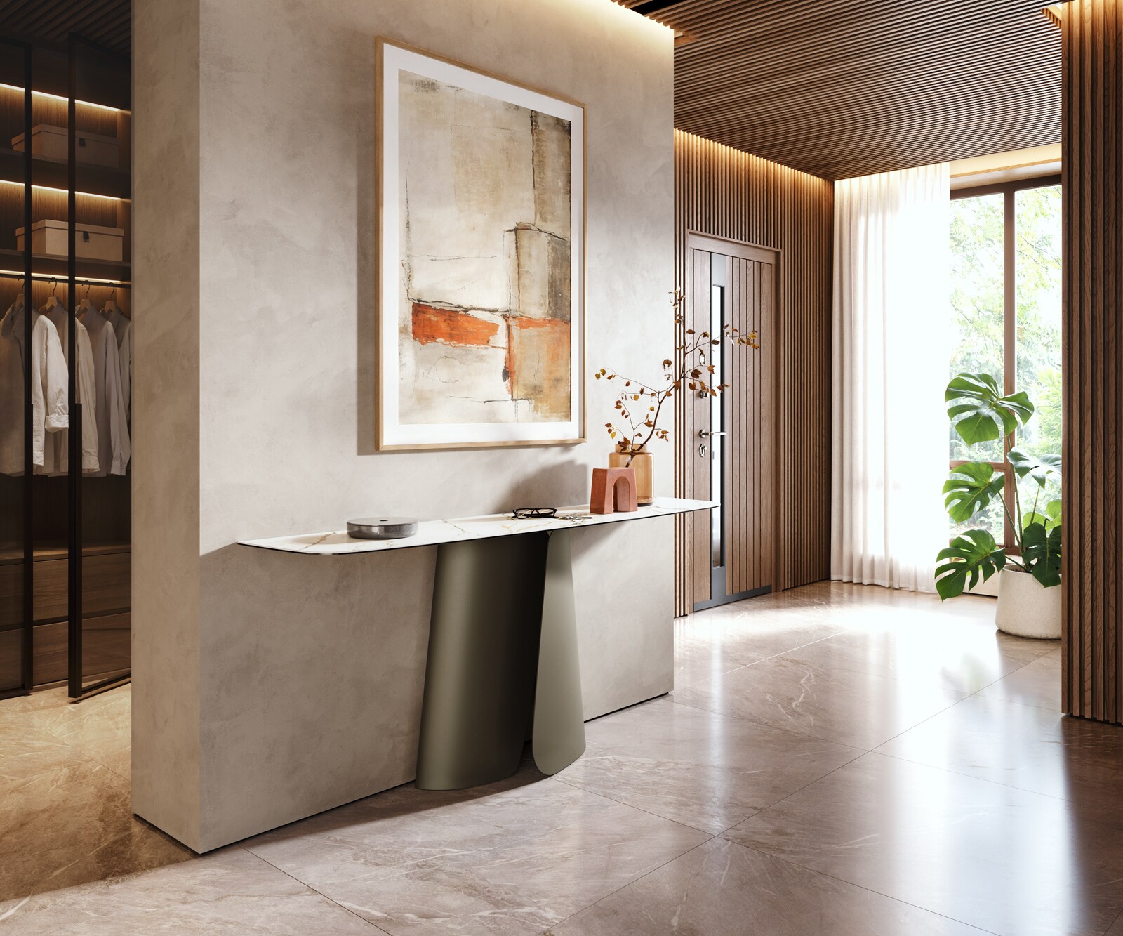Console Edge forme bateau 180x40 cm Céramique Calacatta Luxe Weiß-Gold-Gris Livos Métal Effektfinish Titan 6