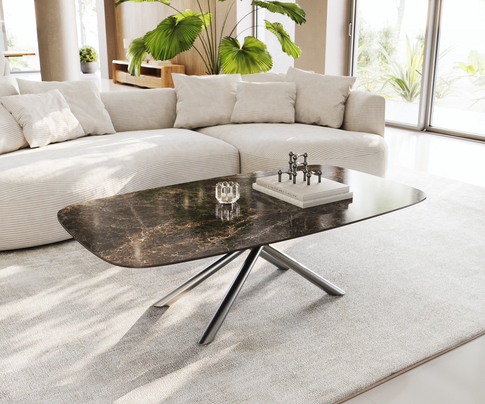 Table basse Edge bateau 140x80 cm céramique Emperador Extra Lucidato brun foncé Sarity acier inoxydable brossé