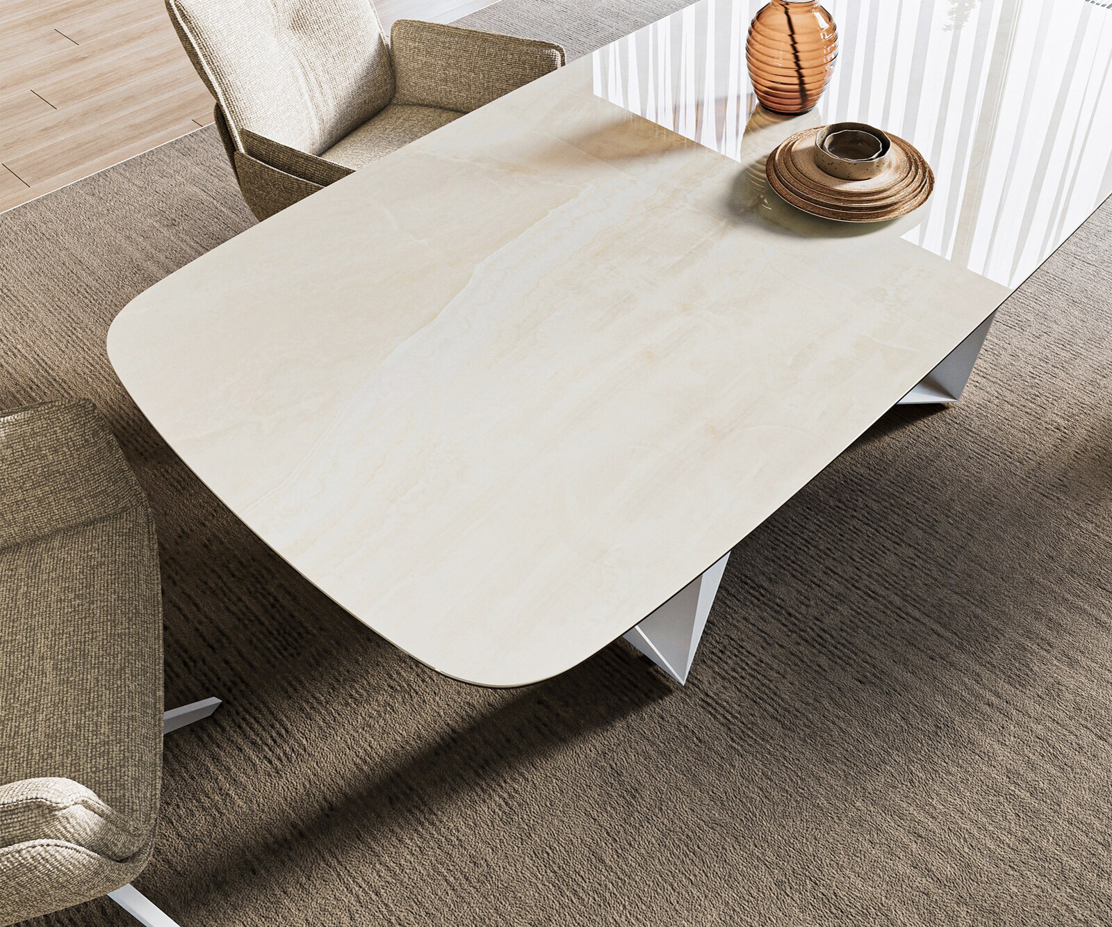 Table à manger Edge bateau 200x100 cm céramique Onyx Champagne Spider métal blanc 4