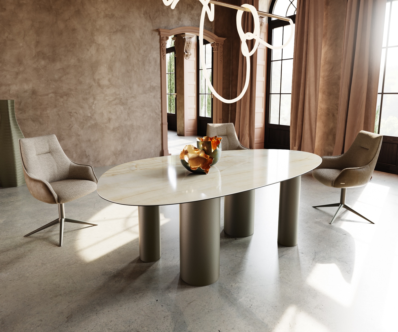 Table à manger Edge Ovale 220x120 Céramique Iris FMG Onice Oro Pilier Métal finition à effet Titane Table à manger Edge Ovale 220x120 Céramique Iris FMG Onice Oro Pilier Métal finition à effet Titane