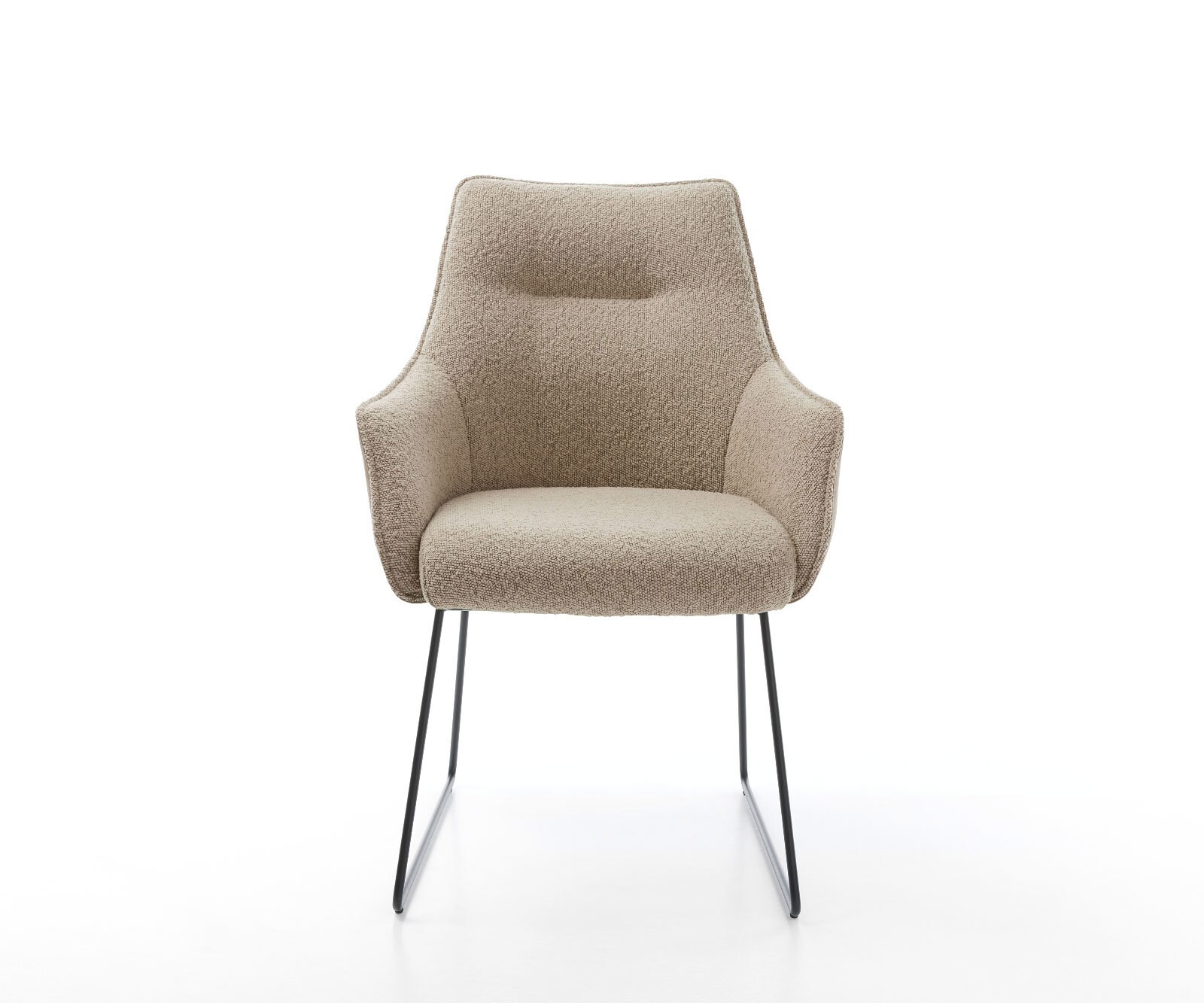 Chaise-de-salle-à-manger Alja-Flex avec accoudoirs tissu mixte couleur boue pied trapèze noir ressorts ensachés 1