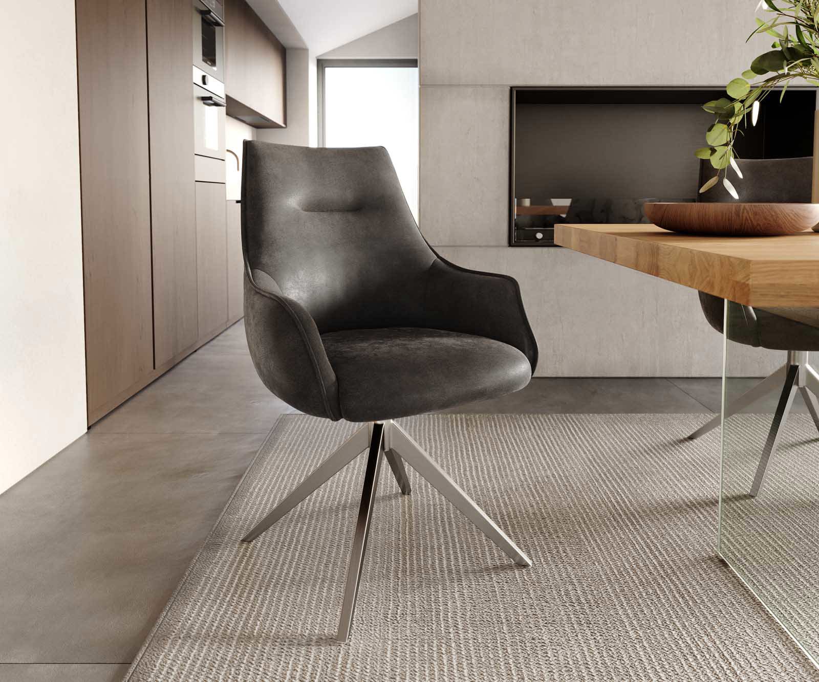 Chaise-pivotante Alja-Flex avec accoudoirs microvelours anthracite vintage pied croisé large acier inoxydable brossé pivotement sur 360° ressorts ensachés