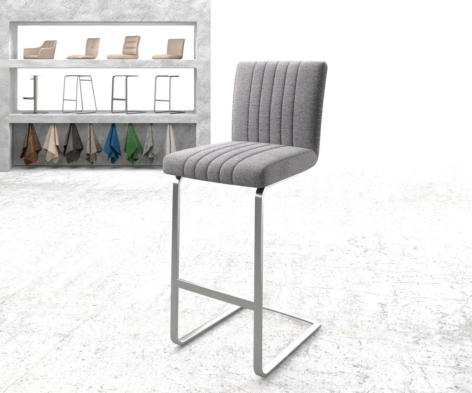 Chaise-de-bar Luiga-Flex tissu texturé gris clair chaise cantilever acier plat inoxydable Chaise-de-bar Luiga-Flex tissu texturé gris clair chaise cantilever acier plat inoxydable