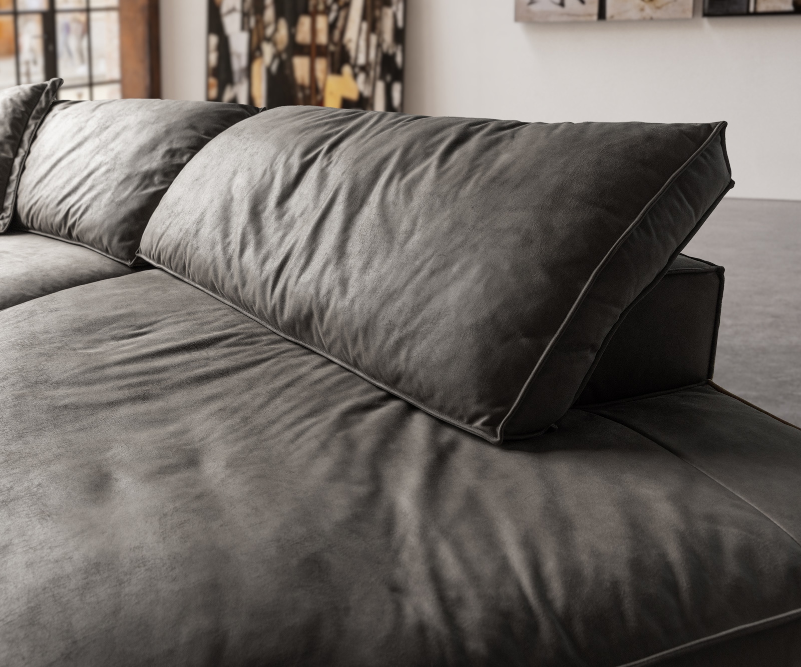 Canapé Snoosh 400x150 cm microfibre noir vintage avec méridienne à droite 4 Canapé Snoosh 400x150 cm microfibre noir vintage avec méridienne à droite 4