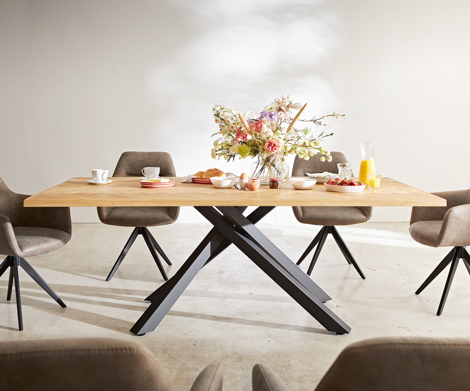 Table à manger Edge-pure 200x100 chêne nature Fishbone cadre croisé rectangle noir 5