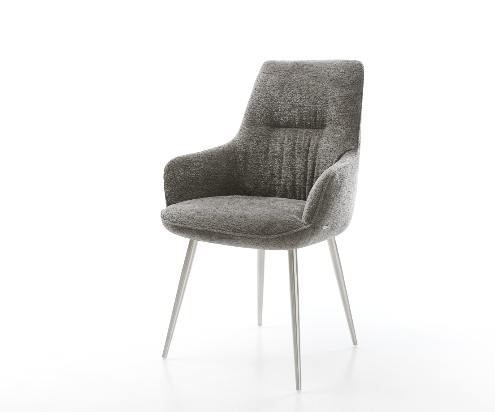Chaise-de-salle-à-manger Zelia-Flex avec accoudoirs bouclé doux couleur boue 4 pieds coniques acier inoxydable resorts ensachés