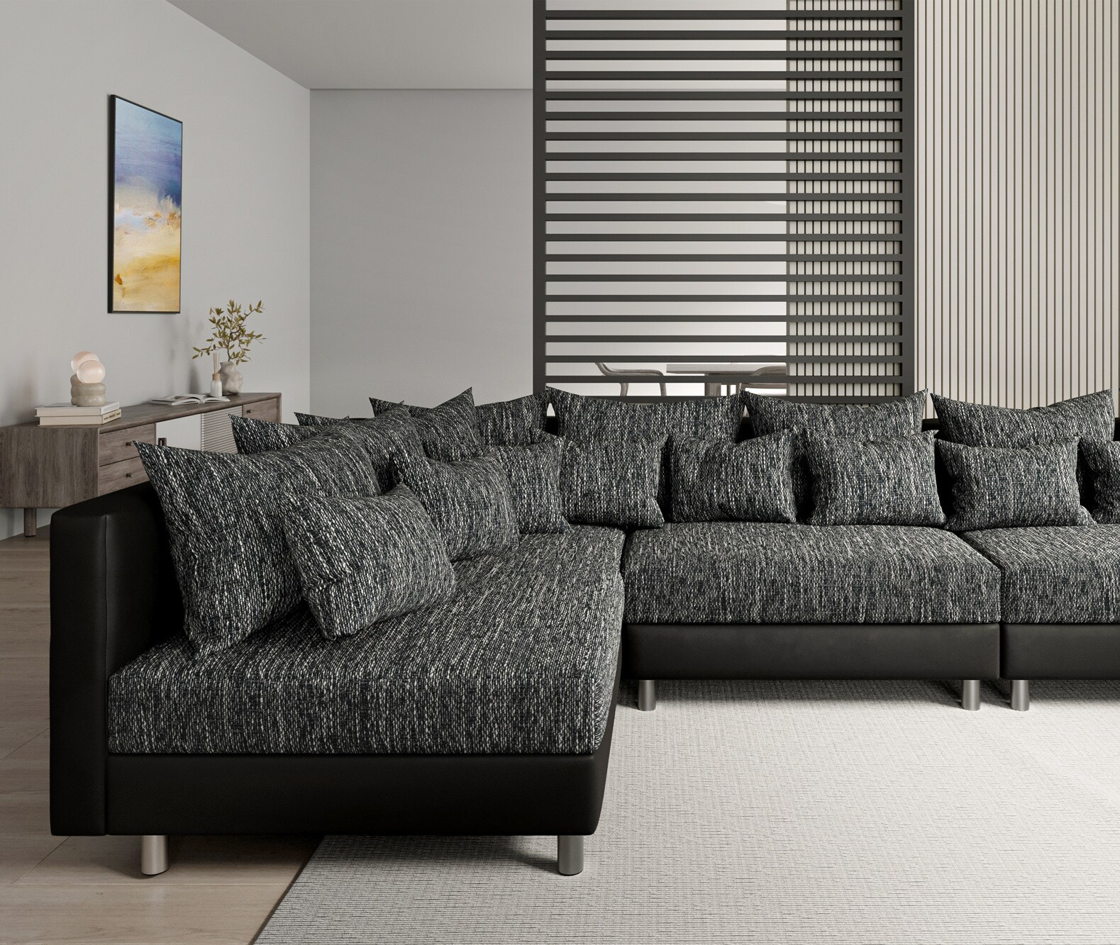 Canapé-panoramique Clovis XXL noir modulable tabouret poufs droite 4