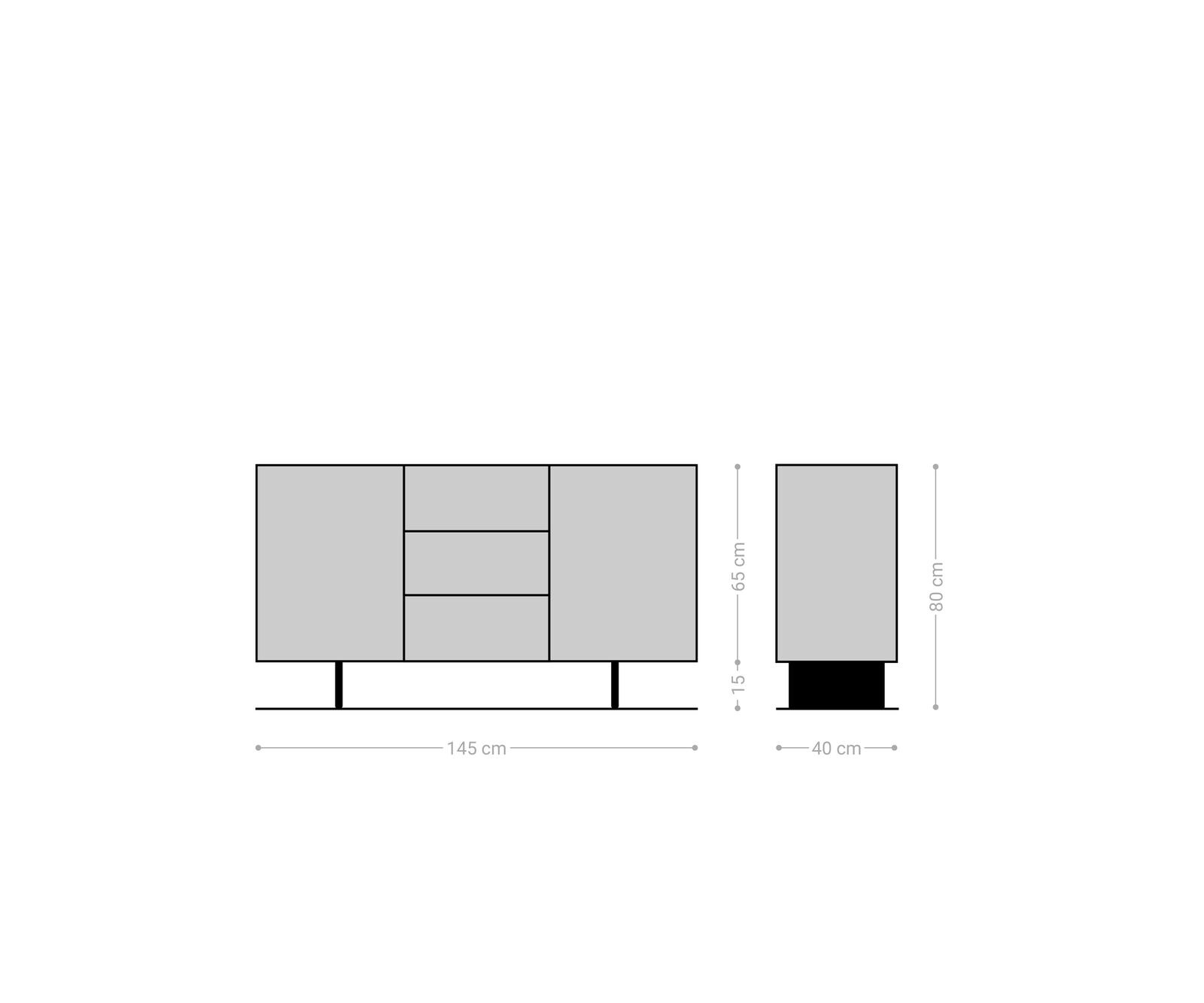Buffet Solu 145 cm acacia naturel 2 portes 3 tiroirs pied flottant métal noir façade 3D 10