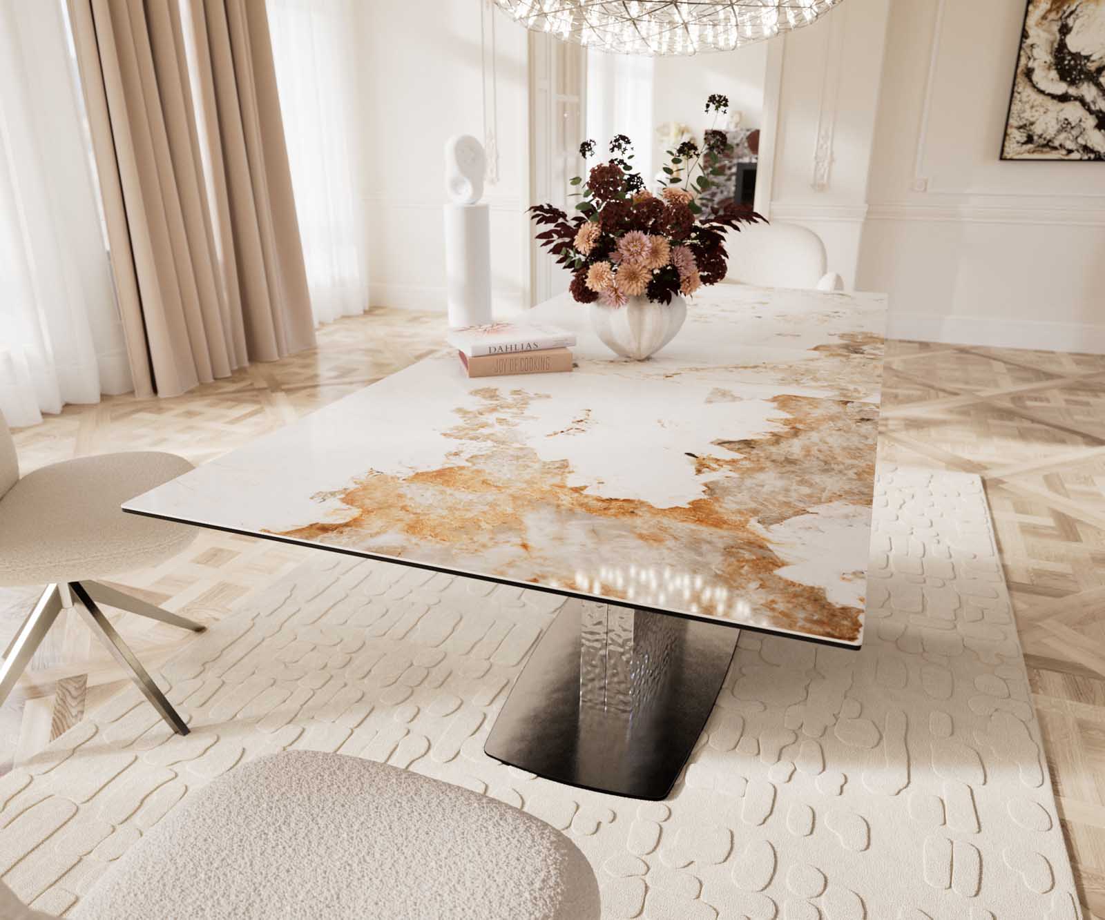 Table à manger Edge 180-220x100 céramique Minas mélange blanc-beige Wave acier inoxydable extensible 8