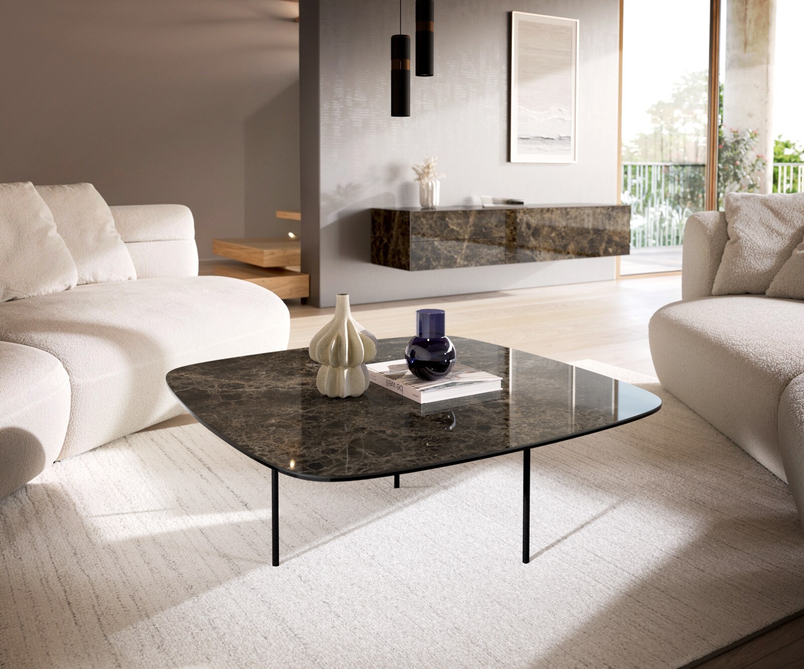 Table basse Edge Boot 90x90 cm céramique Laminam® Emperador Extra Lucidato brun foncé Trive métal noir 1