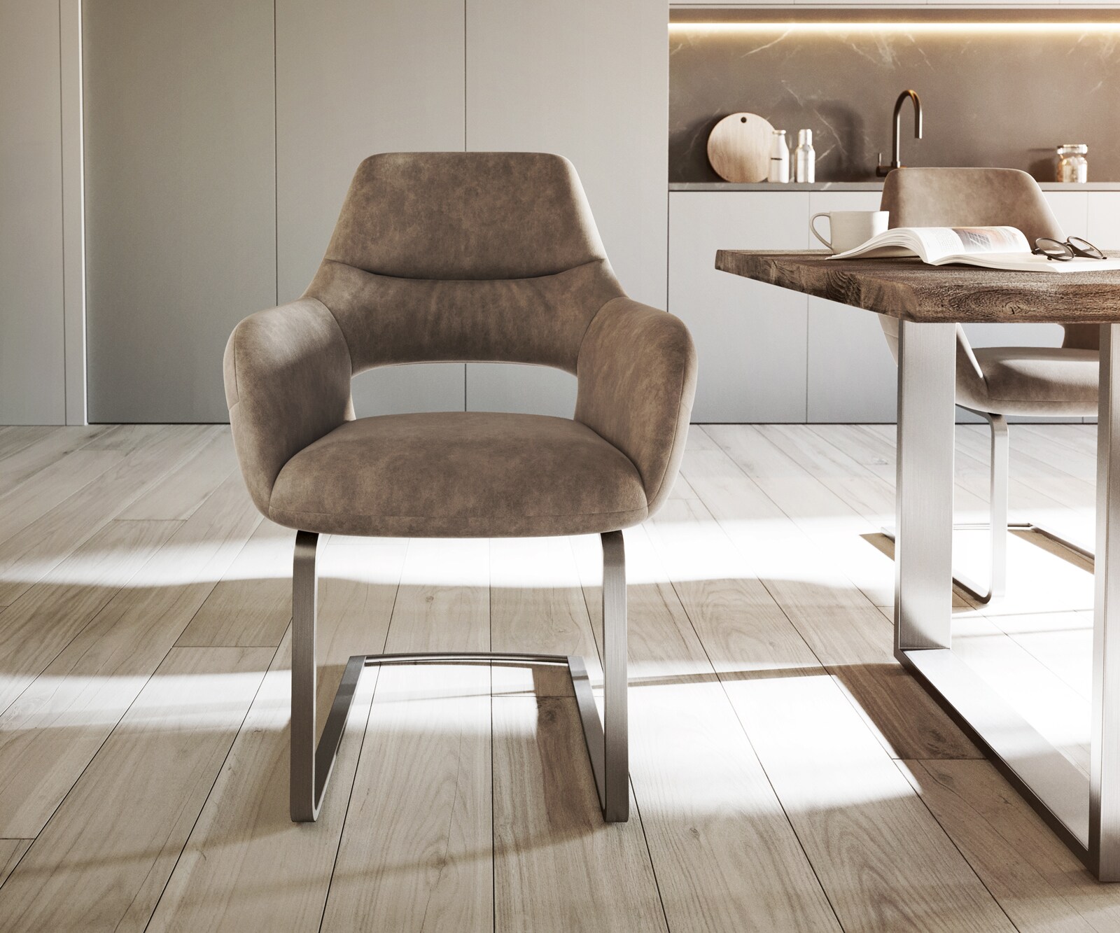 Cantilever Yago-Flex avec accoudoirs microvelours taupe vintage pied cantilever plat acier inoxydable brossé ressorts ensachés 1 Cantilever Yago-Flex avec accoudoirs microvelours taupe vintage pied cantilever plat acier inoxydable brossé ressorts ensachés 1