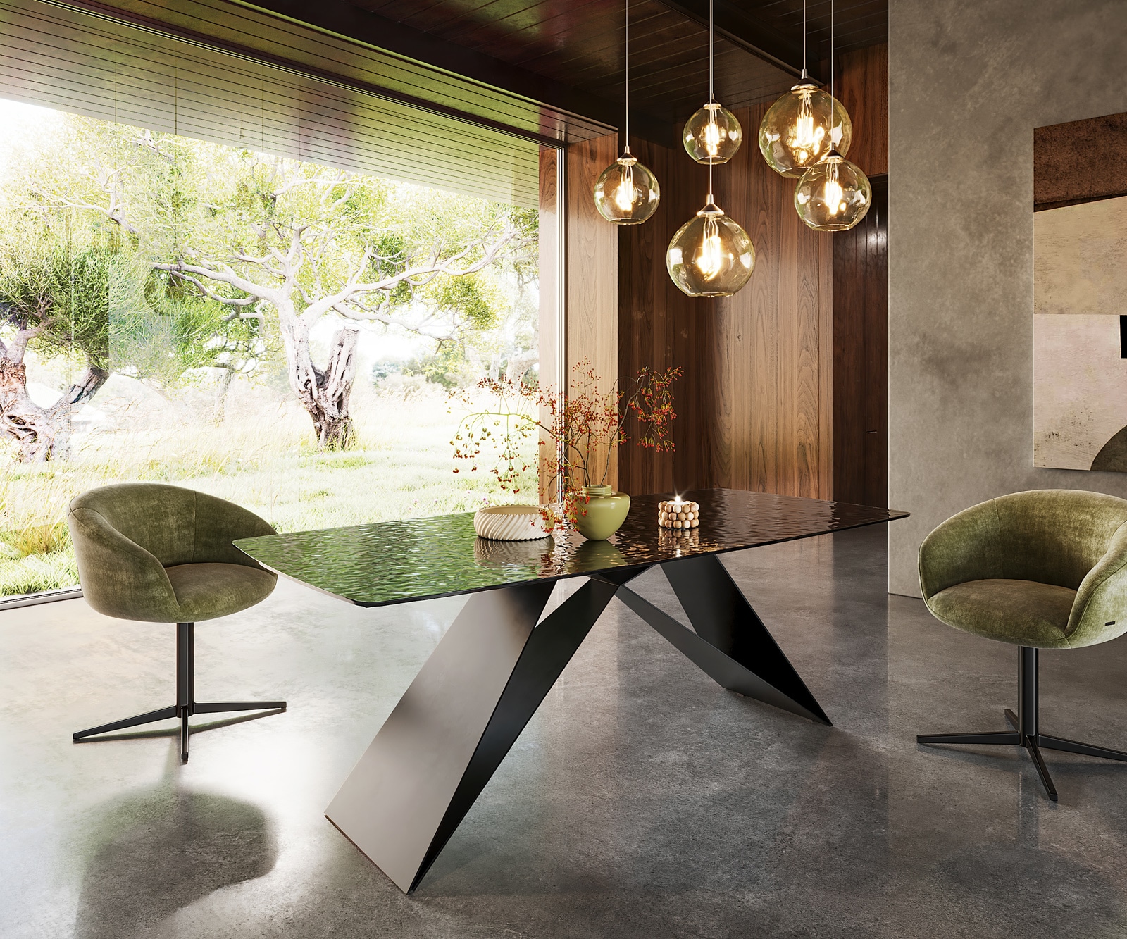 Table à manger Edge en forme de bateau 200x100 verre fondu noir fumé relief en 3D cadre en V acier plat noir 4