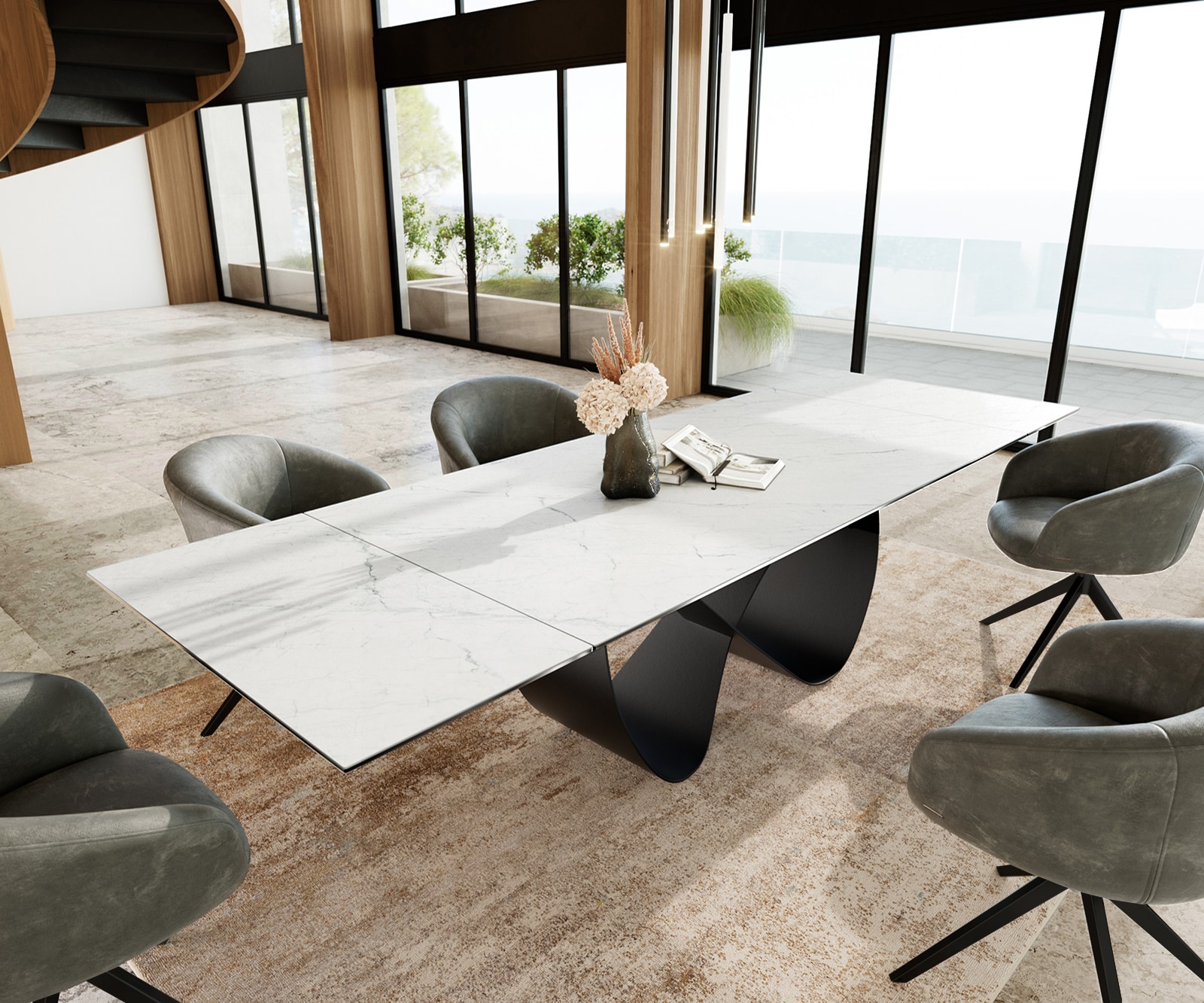 Table à manger Edge 200-300x100 cm Céramique Laminam®Statuarietto Blanc Infinity Métal Noir extensible 1