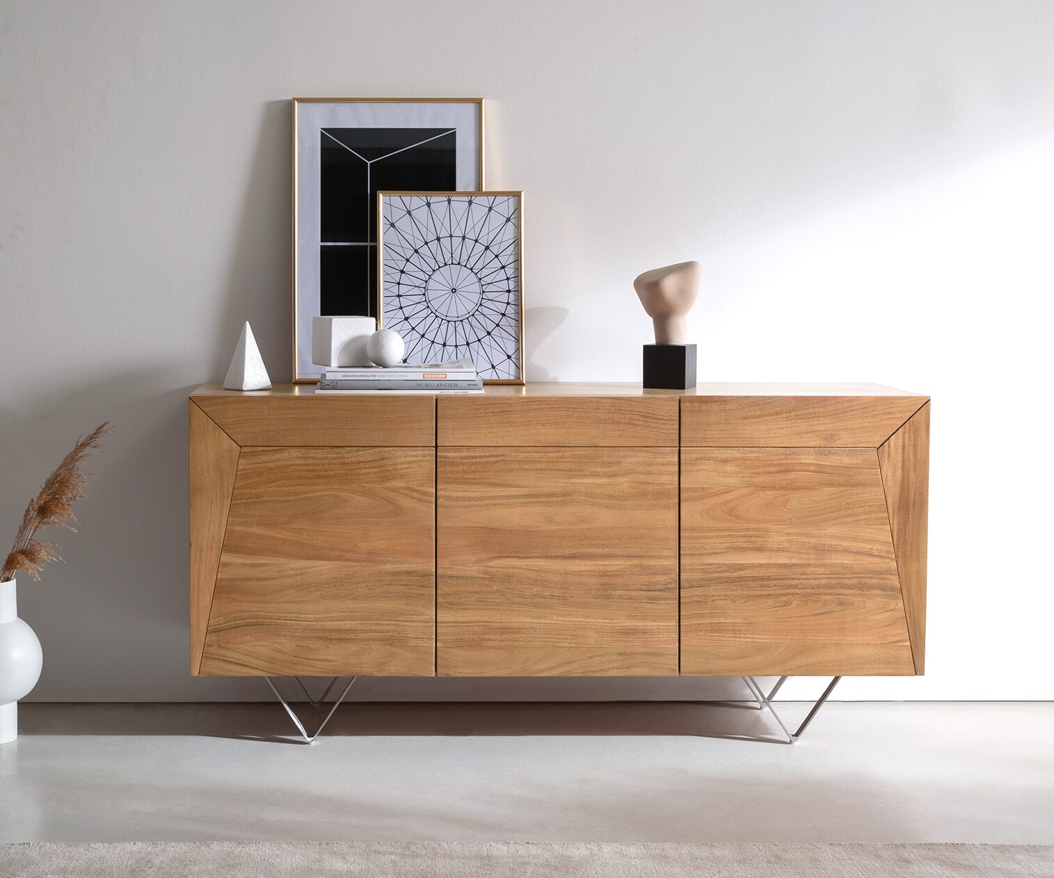 Buffet Kayu 145x40x70 cm acacia naturel 3 portes pied en V 1