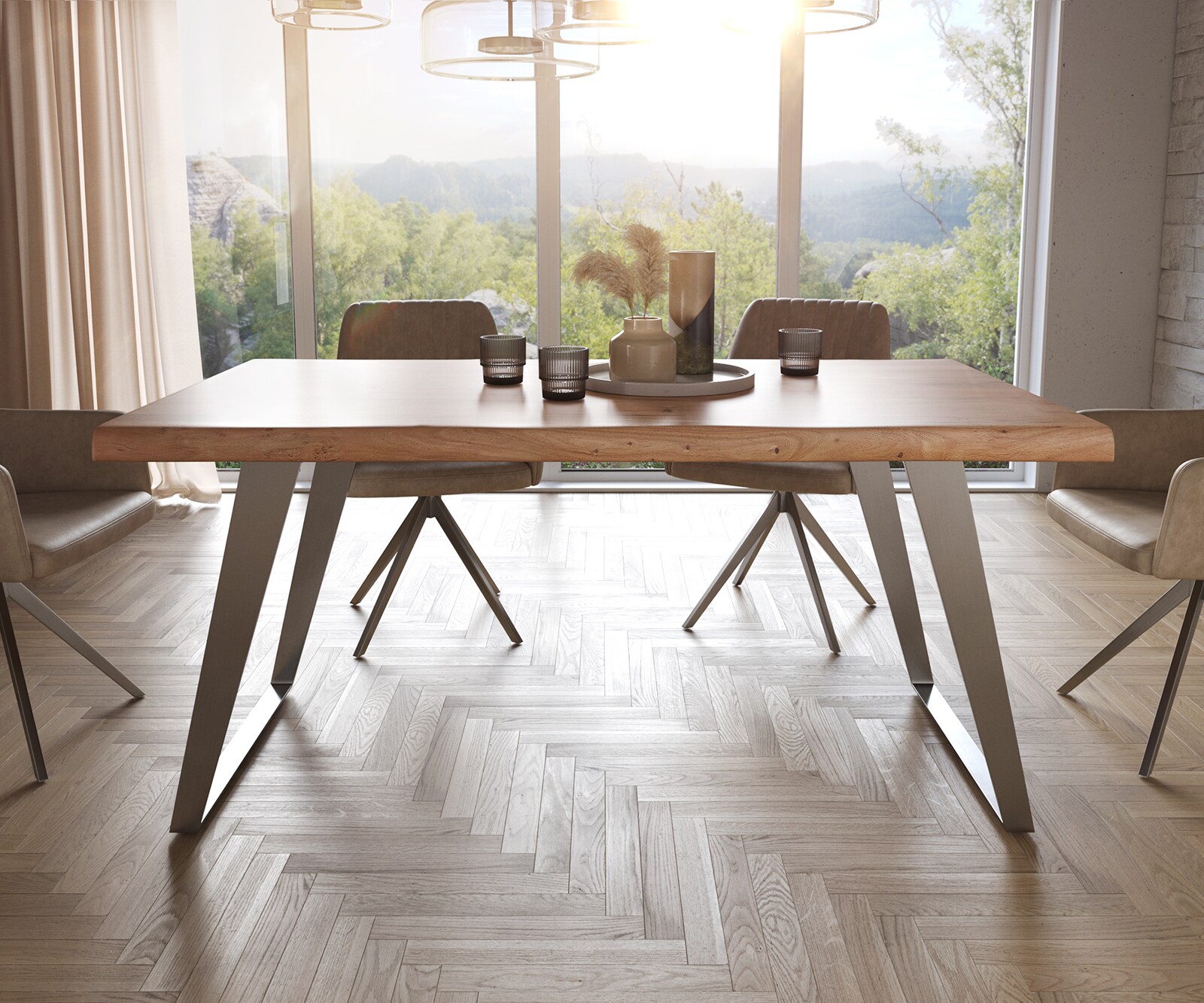 Table à manger Edge 160x90 XL acacia nature acier inoxydable inclinée Live-Edge 1