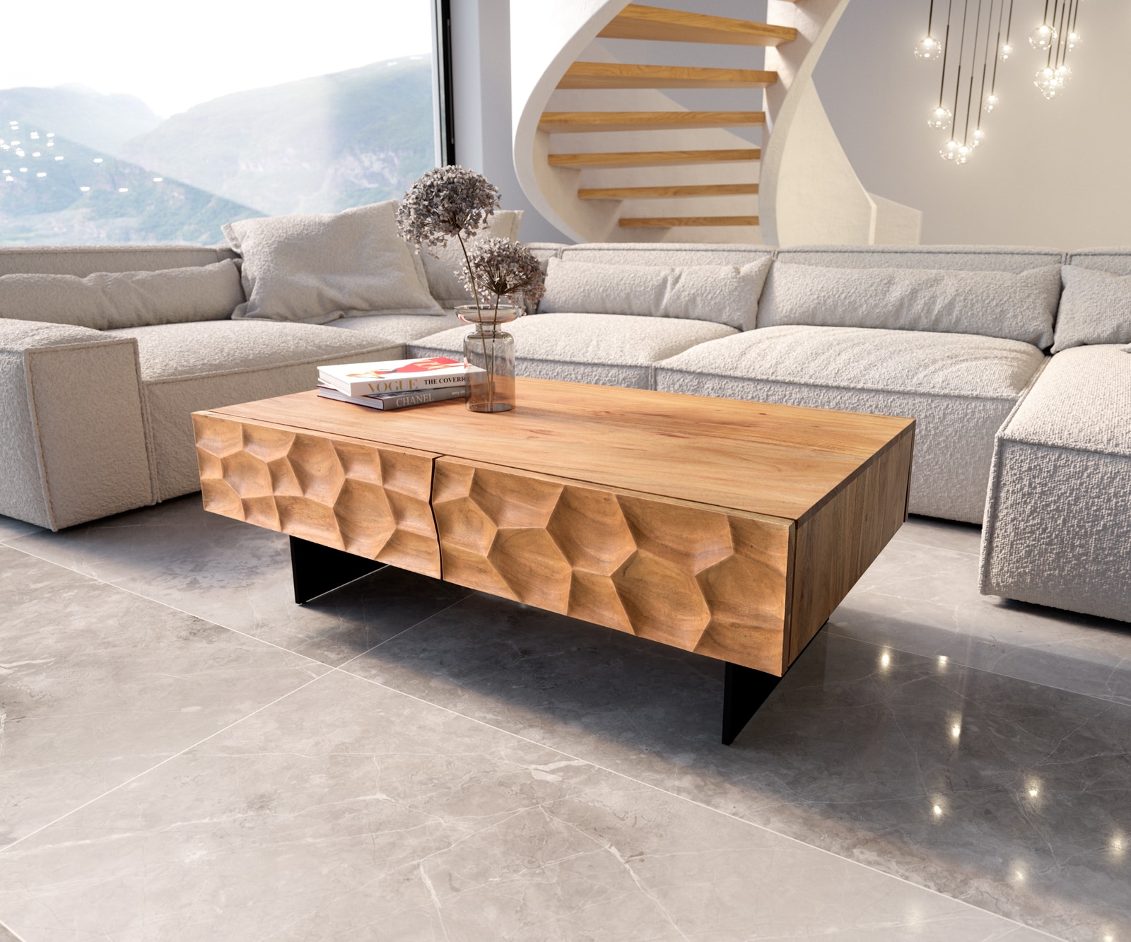 Table-basse Solu 120x70 cm acacia naturel 4 tiroirs pied flottant métal noir façade 3D Table-basse Solu 120x70 cm acacia naturel 4 tiroirs pied flottant métal noir façade 3D