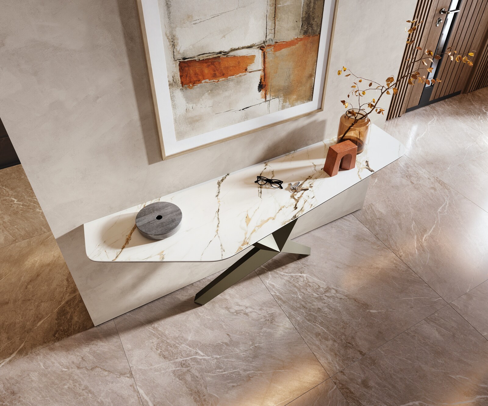 Console Edge Polygonal 180x50 cm Céramique Calacatta Luxe Weiß-Gold-Gris Zentharo Métal Effektfinish Titan 2