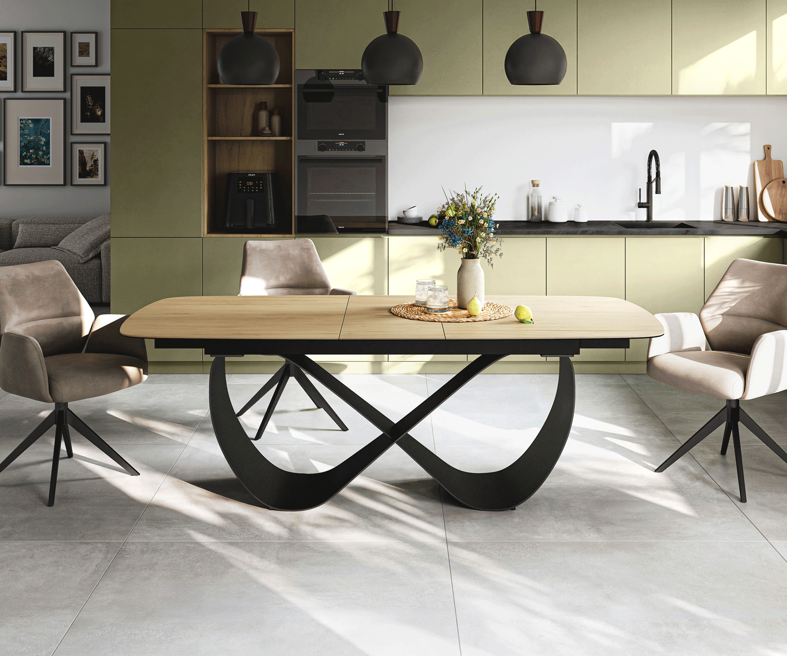 Table à manger Edge Boot 180-220x100 cm Céramique Laminam® Sabbia Eichefarbig Infinity Métal Noir extensible 1