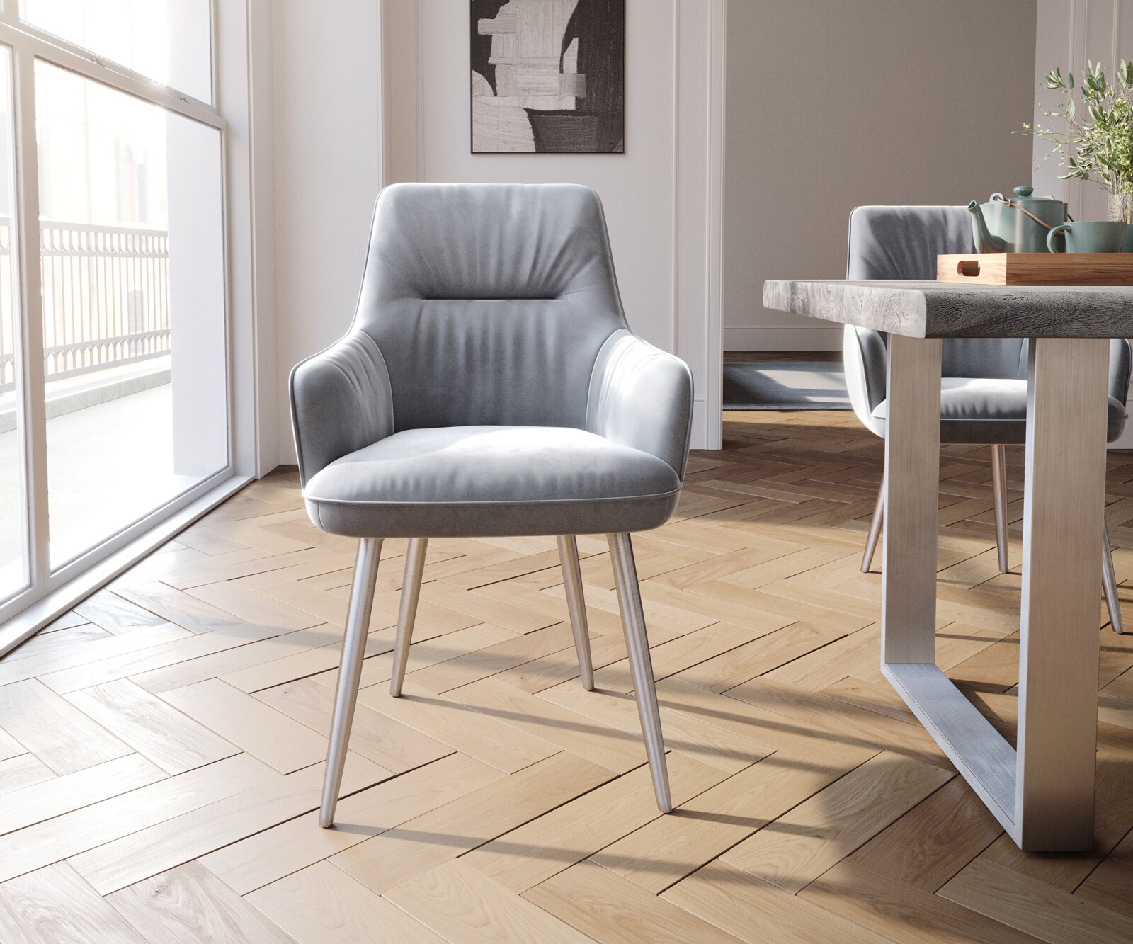 Chaise-de-salle-à-manger Zelia-Flex avec accoudoirs velours gris 4 pieds coniques acier inoxydable brossé ressorts ensachés 1