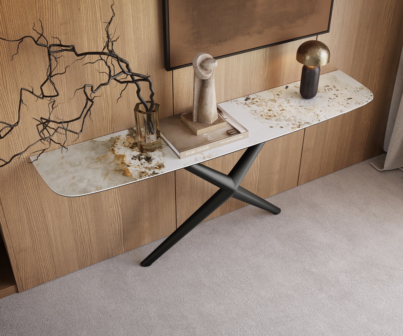 Console Edge forme bateau 180x40 cm Céramique Minas Melange Weiß-Beige Estelo Métal Noir 1