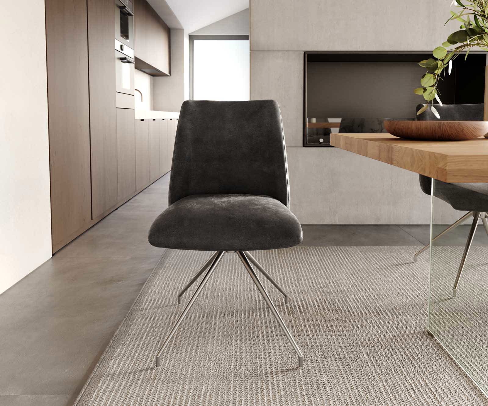 Chaise-pivotante Elso-Flex microvelours anthracite vintage pied croisé conique acier inoxydable brossé pivotement sur 180° ressorts ensachés 1