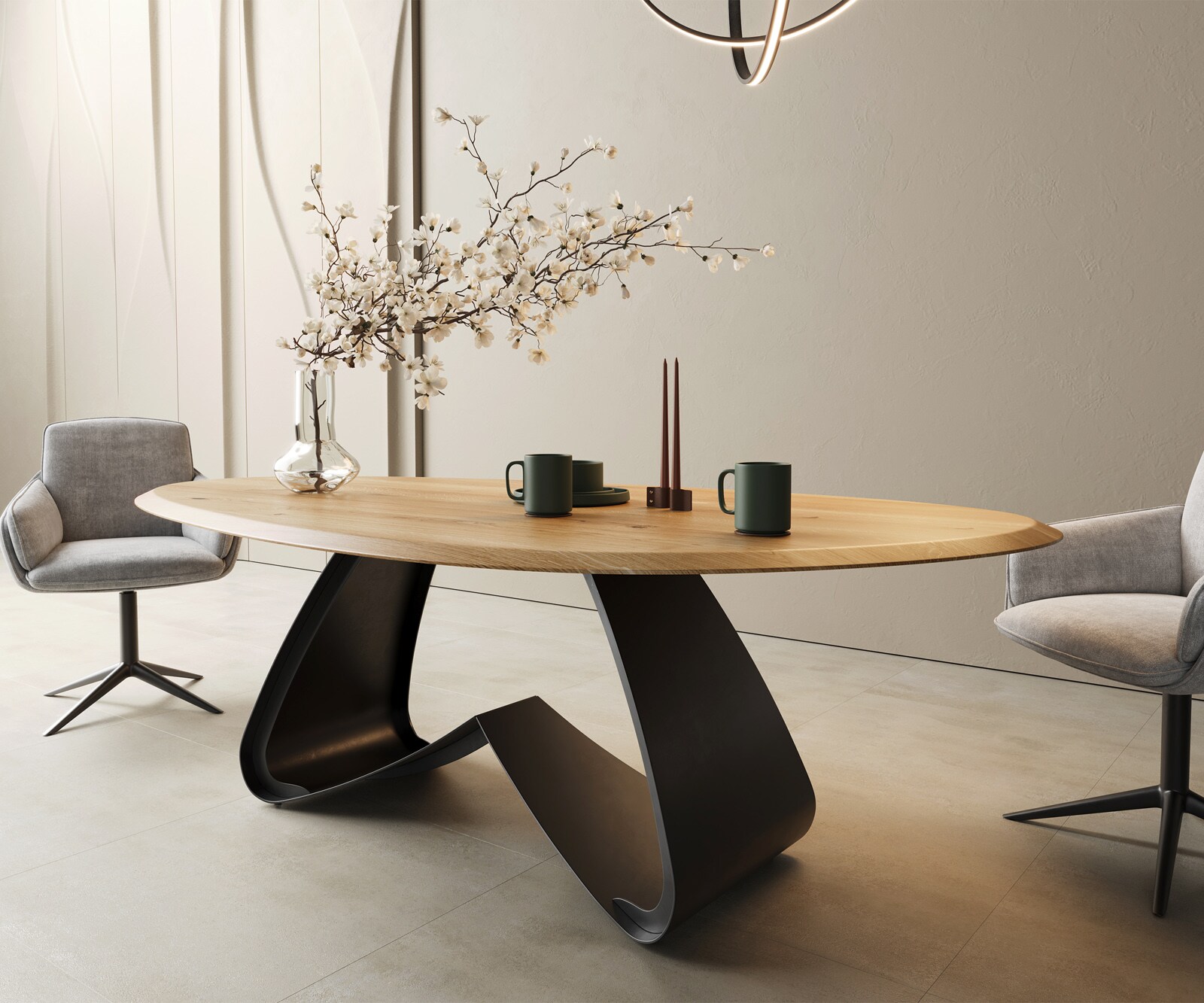 Table à manger Edge ovalee 220x120x2,5 chêne naturee cadre en W métal noir Flow-Edge 5