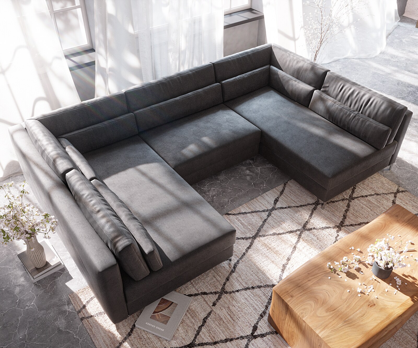 Canapé-panoramique Elio 300x185 cm similicuir vintage anthracite avec pouf 4