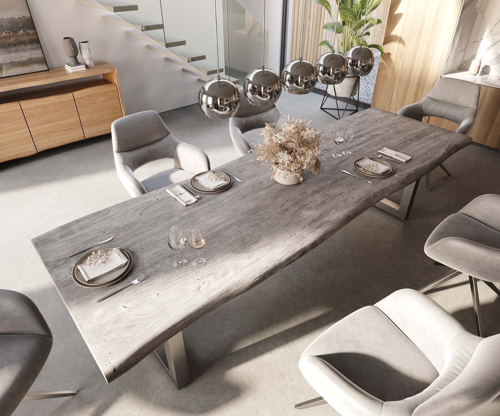 Table-à-manger Edge 300x100 XL acacia platine acier inoxydable large Live-Edge 3 Table-à-manger Edge 300x100 XL acacia platine acier inoxydable large Live-Edge 3