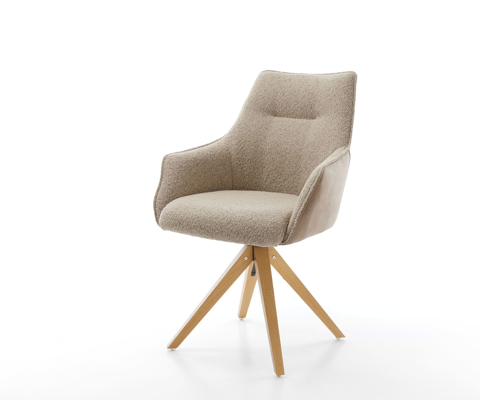 Chaise-pivotante Alja-Flex avec accoudoirs tissu mixte couleur boue pied en bois angulaire naturel pivotement sur 180° ressorts ensachés Chaise-pivotante Alja-Flex avec accoudoirs tissu mixte couleur boue pied en bois angulaire naturel pivotement sur 180° ressorts ensachés