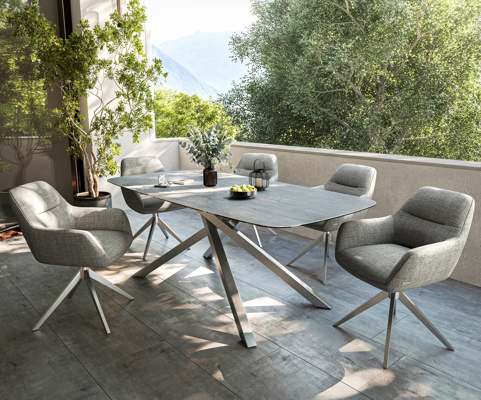 Table d’extérieur Edge bateau 200x100 cm céramique béton gris piètement croisé rectangulaire inox 7