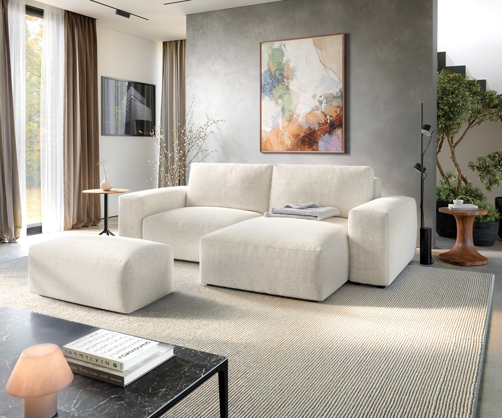 Canapé d'angle Lanzo 230x155 cm Tissu texturé doux Beige Méridienne modulable avec pouf 1