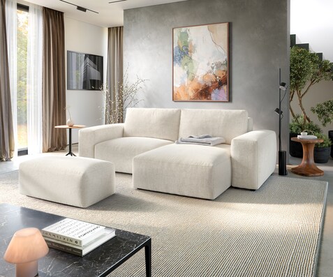 Canapé d'angle Lanzo 230x155 cm Tissu texturé doux Beige Méridienne modulable avec pouf