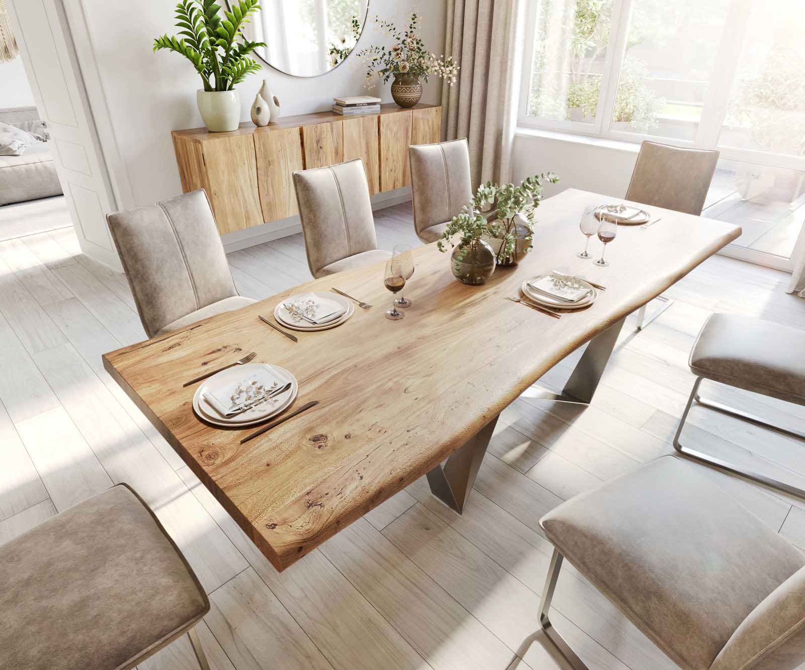 Table à manger Edge 260x100 XL acacia nature Spider acier plat acier inoxydable Live-Edge 3