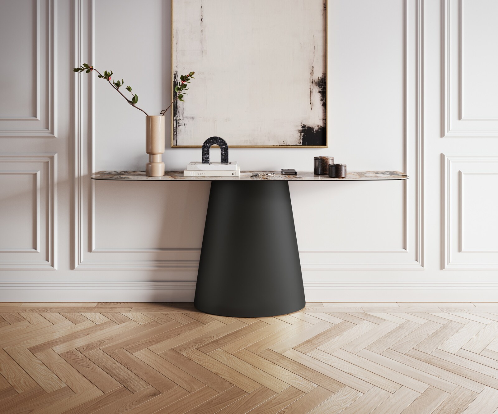 Console Edge forme bateau 180x40 cm Céramique Patagonia Poliert Conos Métal Noir 2