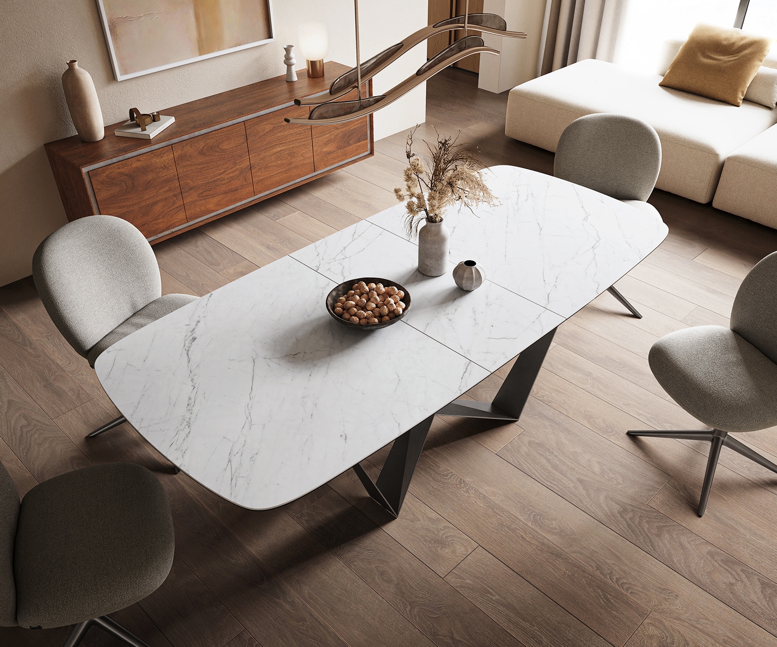 Table à manger Edge Boot 180-220x100 cm Céramique Laminam® Statuarietto Blanc Spider Flachstahl Acier inoxydable Graphite extensible 4