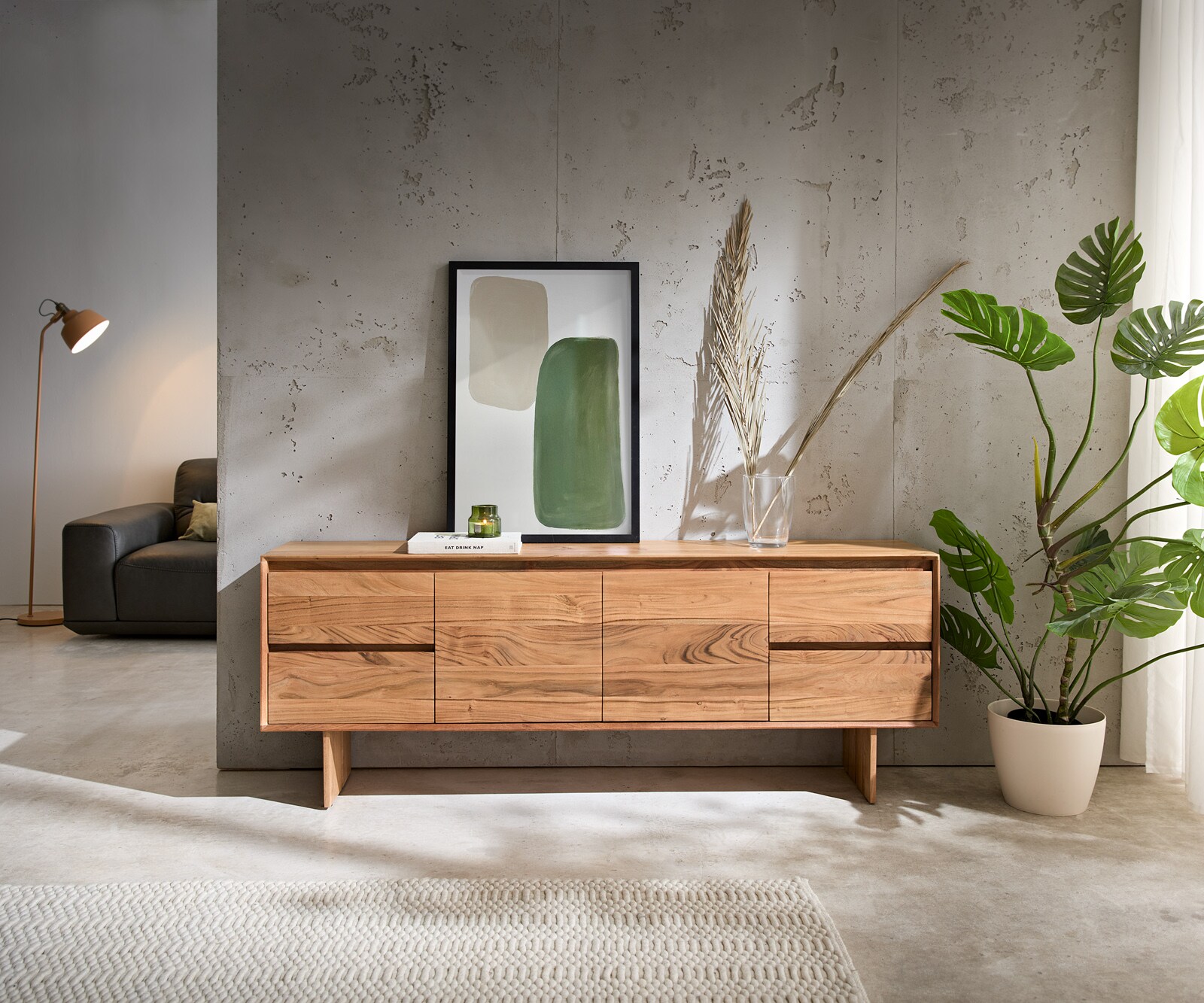 Meuble-TV Elandor 175 cm acacia naturel 2 portes 4 tiroirs pied en bois 1