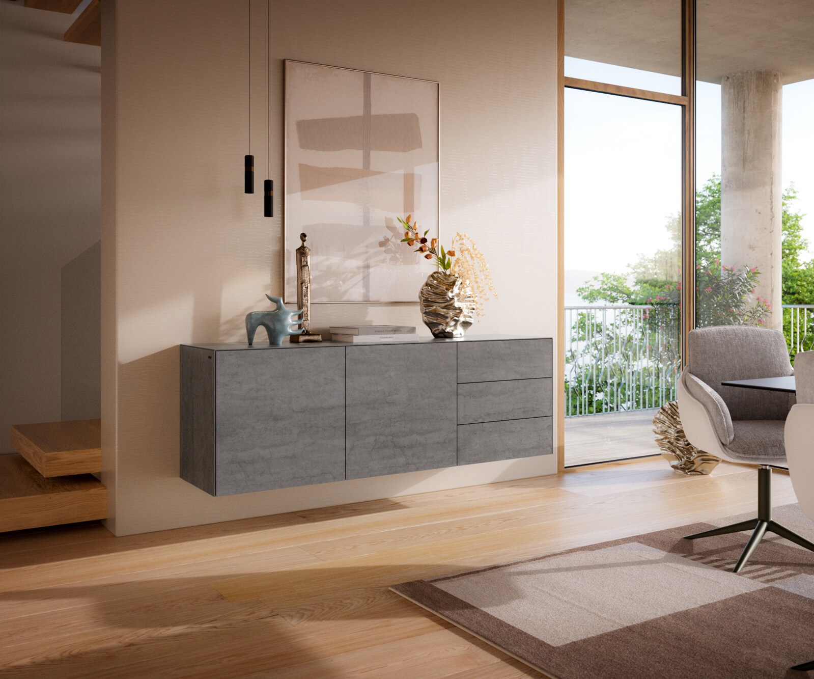 Buffet Cuor 180 cm Céramique Béton gris 2 Portes 3 Tiroirs Flottant 1