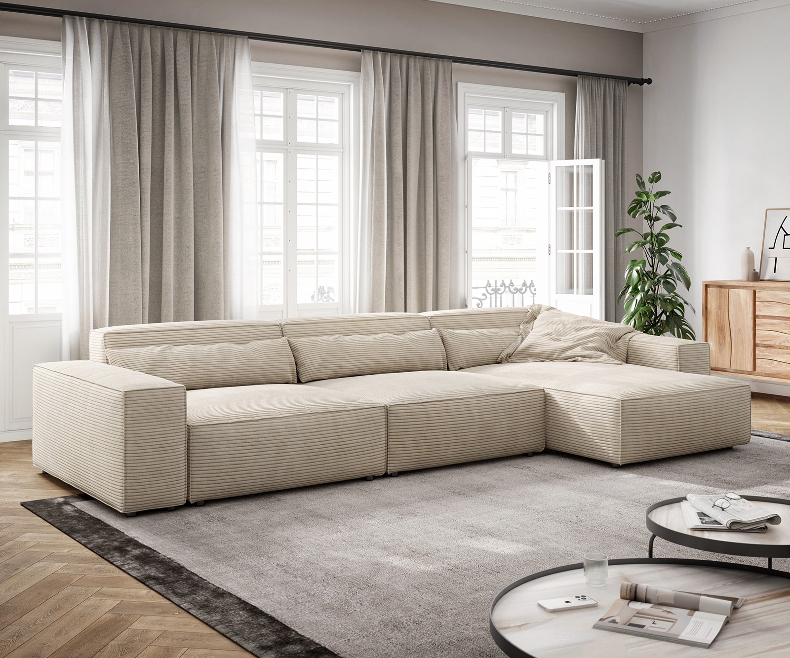 Canapé d'angle Sirpio XL 370x170 cm Velours côtelé Beige Recamiere variable Canapé d'angle Sirpio XL 370x170 cm Velours côtelé Beige Recamiere variable