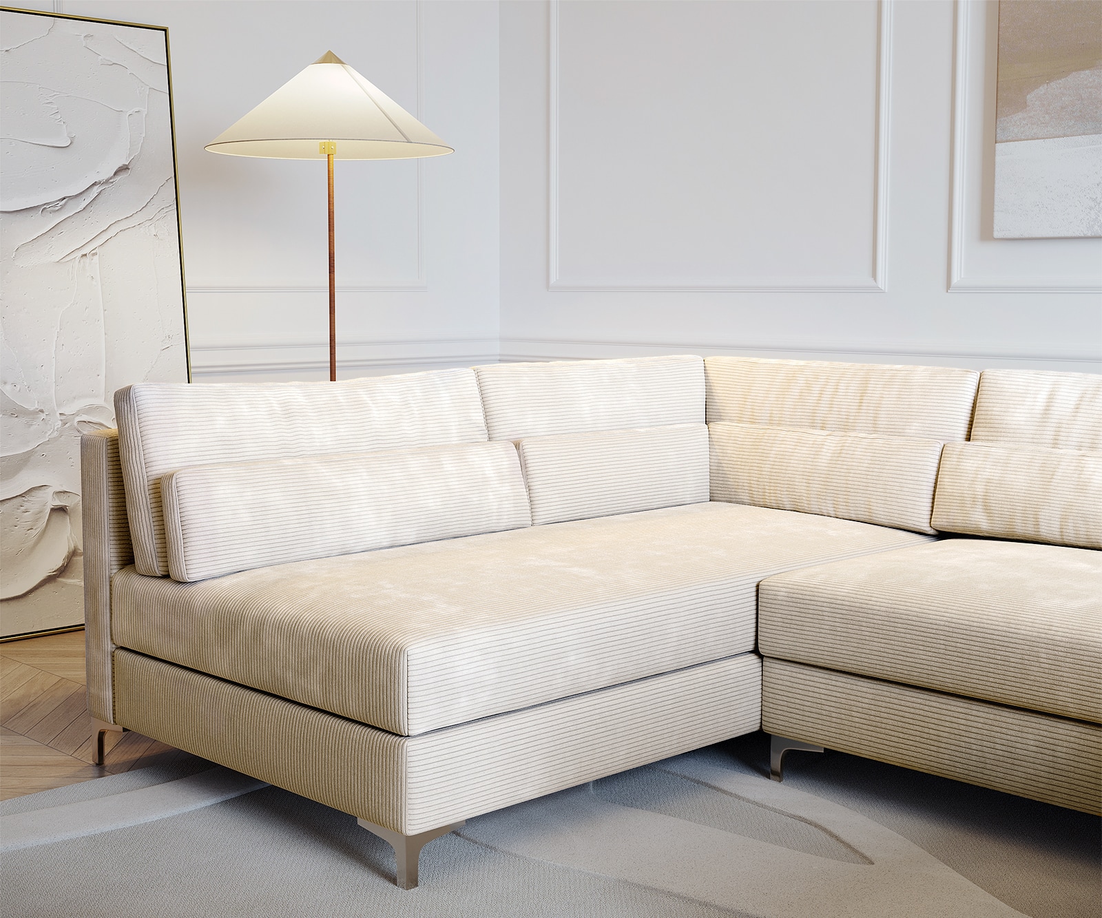 Canapé panoramique Elio 300x185 cm Velours côtelé beige avec tabouret 5 Canapé panoramique Elio 300x185 cm Velours côtelé beige avec tabouret 5
