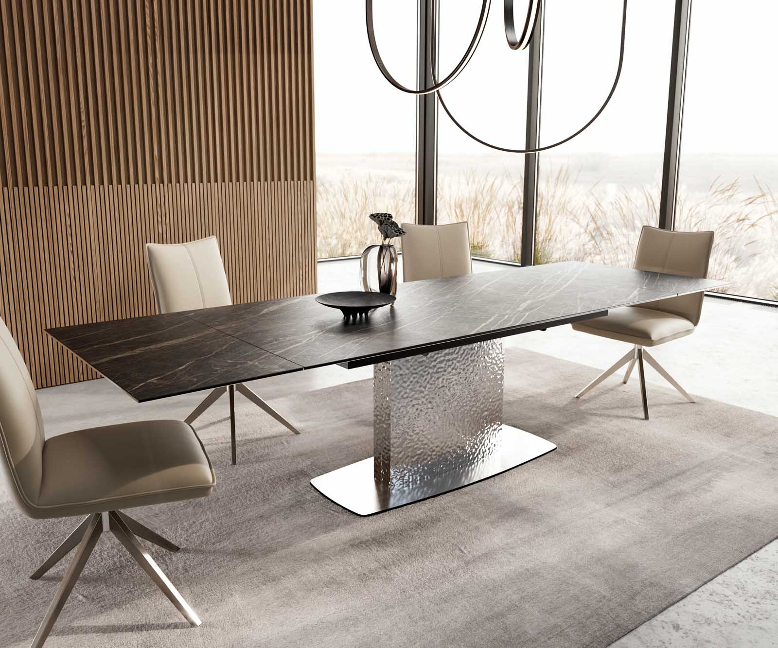 Table à manger Edge 200-300x100 céramique Laminam®Noir Desir marron Wave acier inoxydable extensible 6