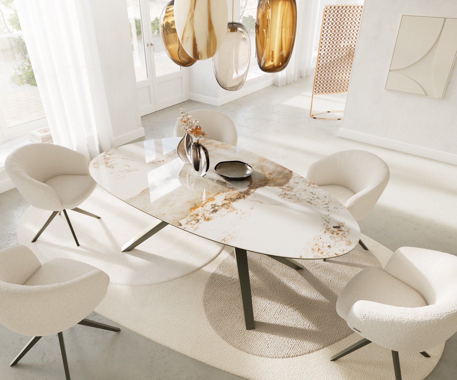 Table à manger Edge Ovale 220x120 Céramique Minas Melange Blanc-Beige Zenthara anguleux Métal finition à effet Titane 4