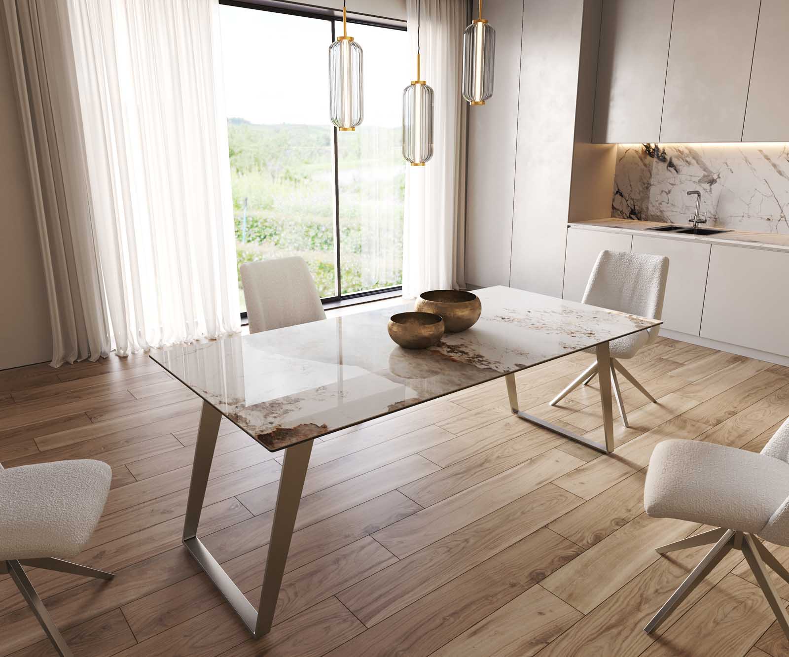 Table à manger Edge 200x100 céramique Minas mélange blanc-beige acier inoxydable incliné Table à manger Edge 200x100 céramique Minas mélange blanc-beige acier inoxydable incliné