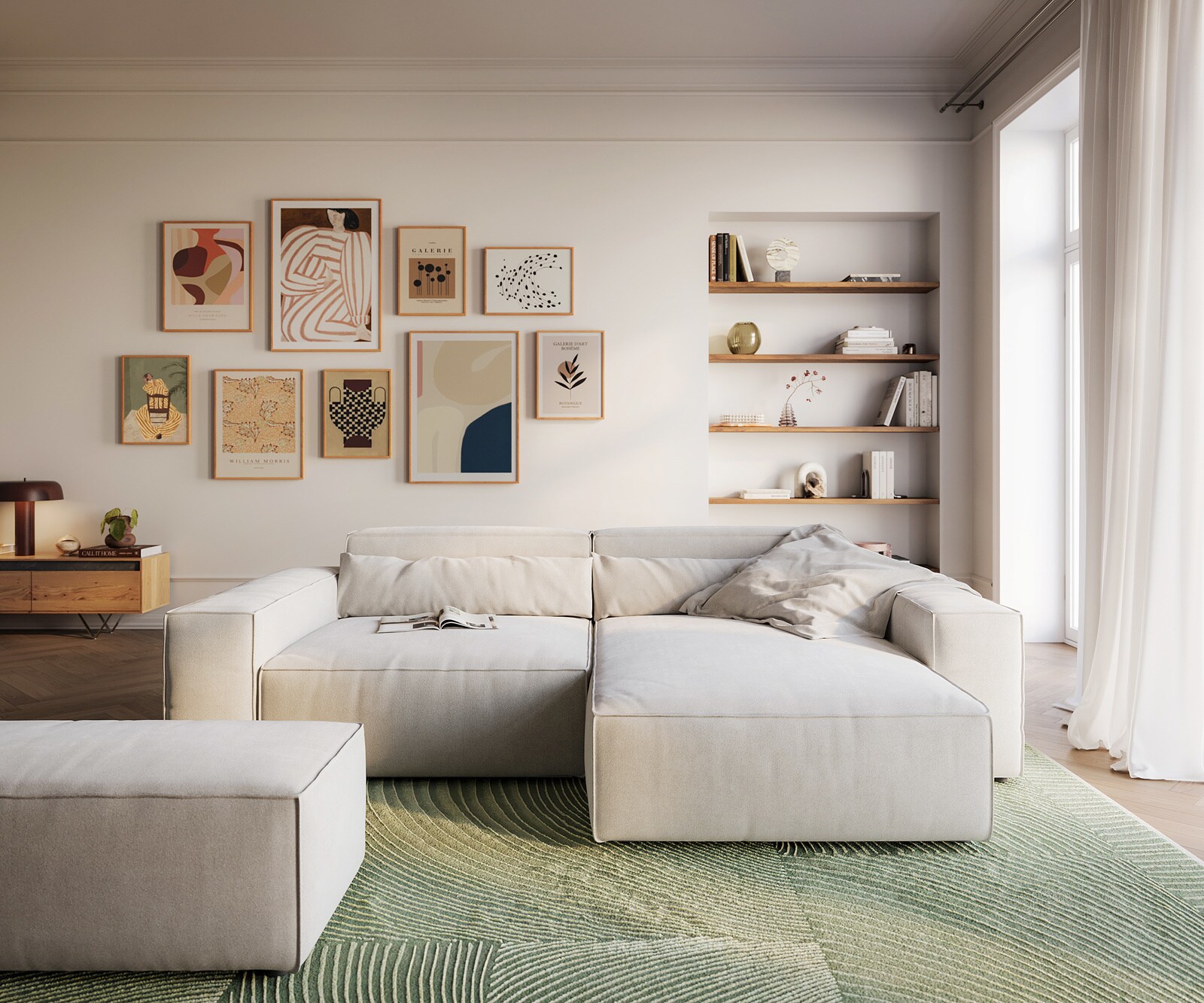Canapé d'angle Sirpio XL 270x170 cm Tissu texturé doux Beige Méridienne modulable avec pouf 2