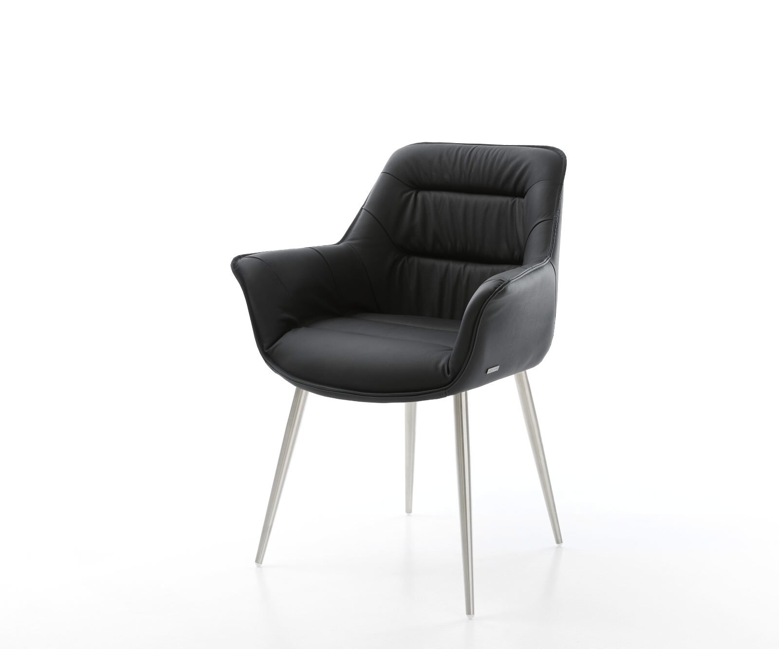 Chaise-de-salle-à-manger Kaira-Flex cuir de vache noir 4 pieds coniques acier inoxydable brossé Chaise-de-salle-à-manger Kaira-Flex cuir de vache noir 4 pieds coniques acier inoxydable brossé