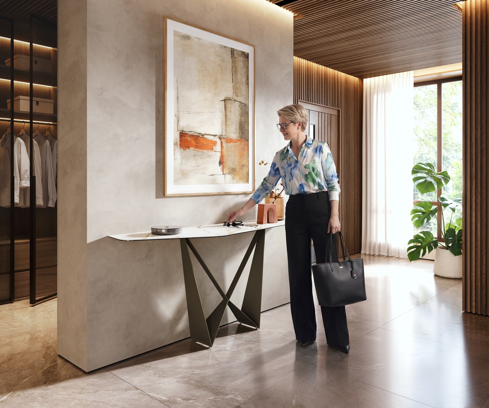 Console Edge Polygonal 180x50 cm Céramique Calacatta Luxe Weiß-Gold-Gris Spios Métal Effektfinish Titan 5