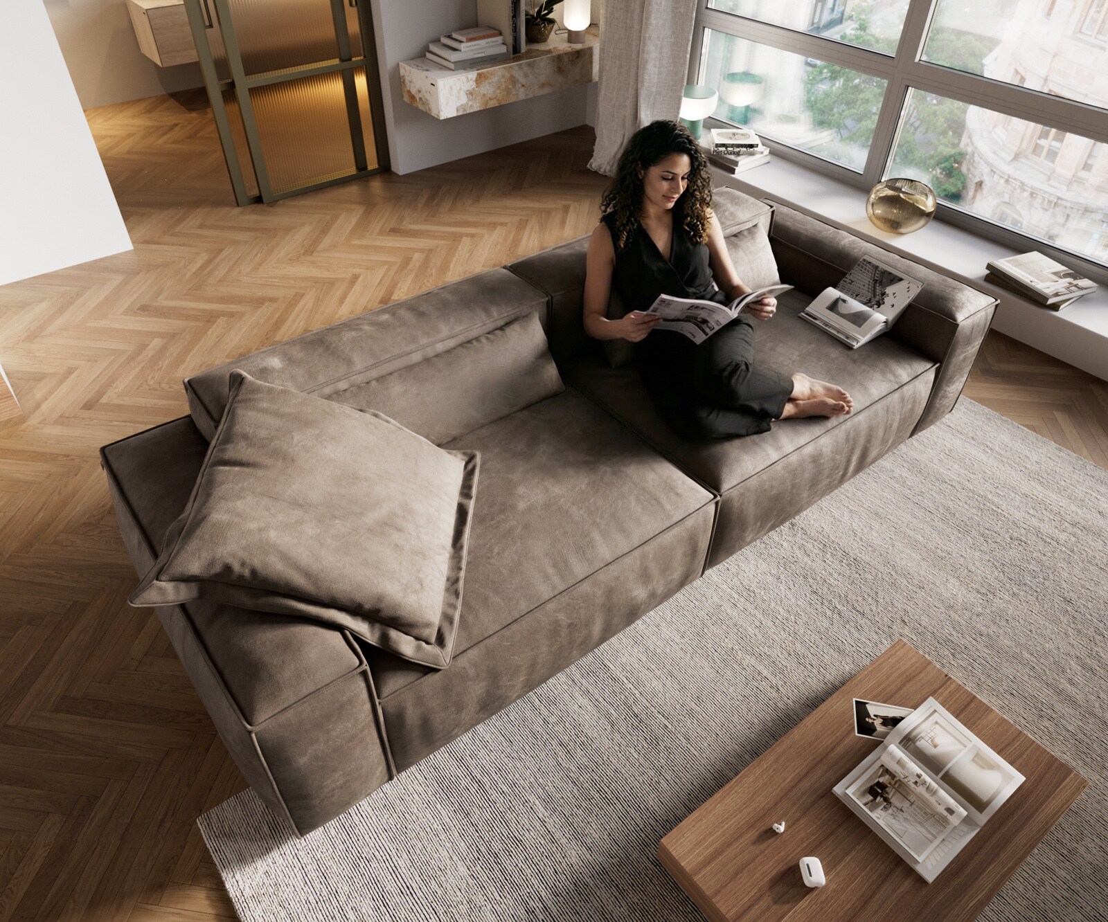 Bigsofa Freestyle 280x110 cm Tissu microfibre Taupe Vintage couture passepoilée 3