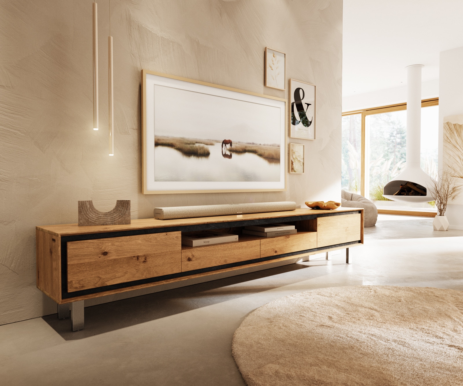 Meuble-TV Stonegrace 240 cm Chêne naturel 2 portes 2 tiroirs 1 compartiment Pied carré inoxydable brossé