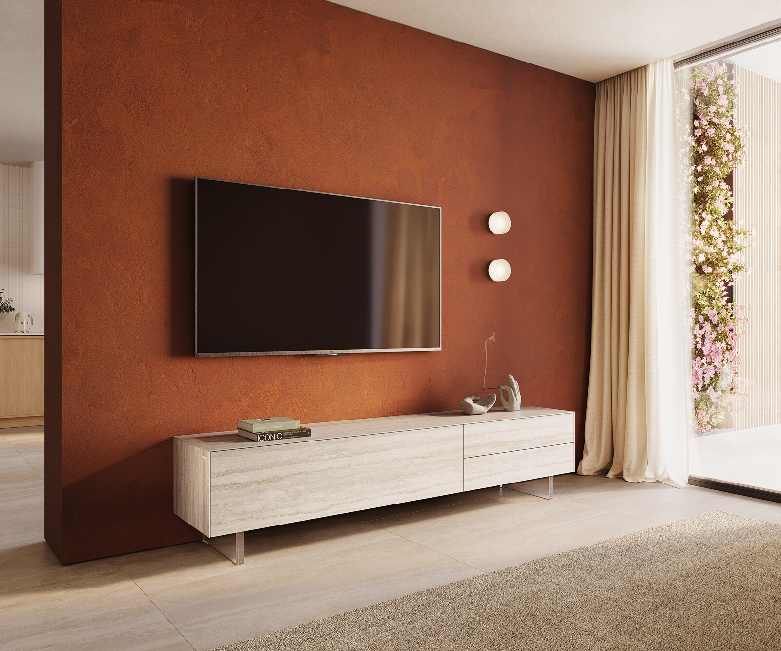 Meuble-TV Cuor 220 cm Céramique Laminam® Travertino Bianco Crème-blanc 1 Clapet 2 Tiroirs Pied optique flottant Verre acrylique
