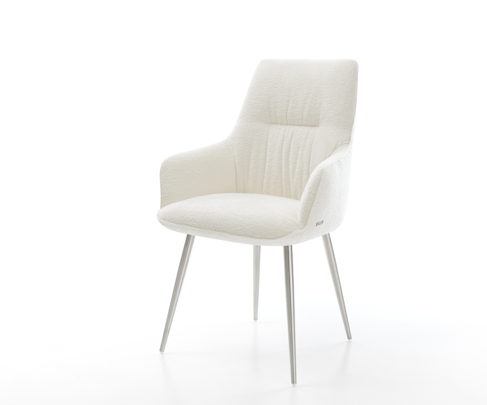 Chaise-de-salle-à-manger Zelia-Flex avec accoudoirs bouclé doux beige 4 pieds coniques acier inoxydable resorts ensachés